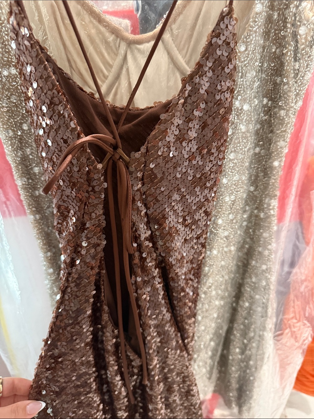 Sequin Slip Evening Dress in Deep Brown - Picture 2 of 5